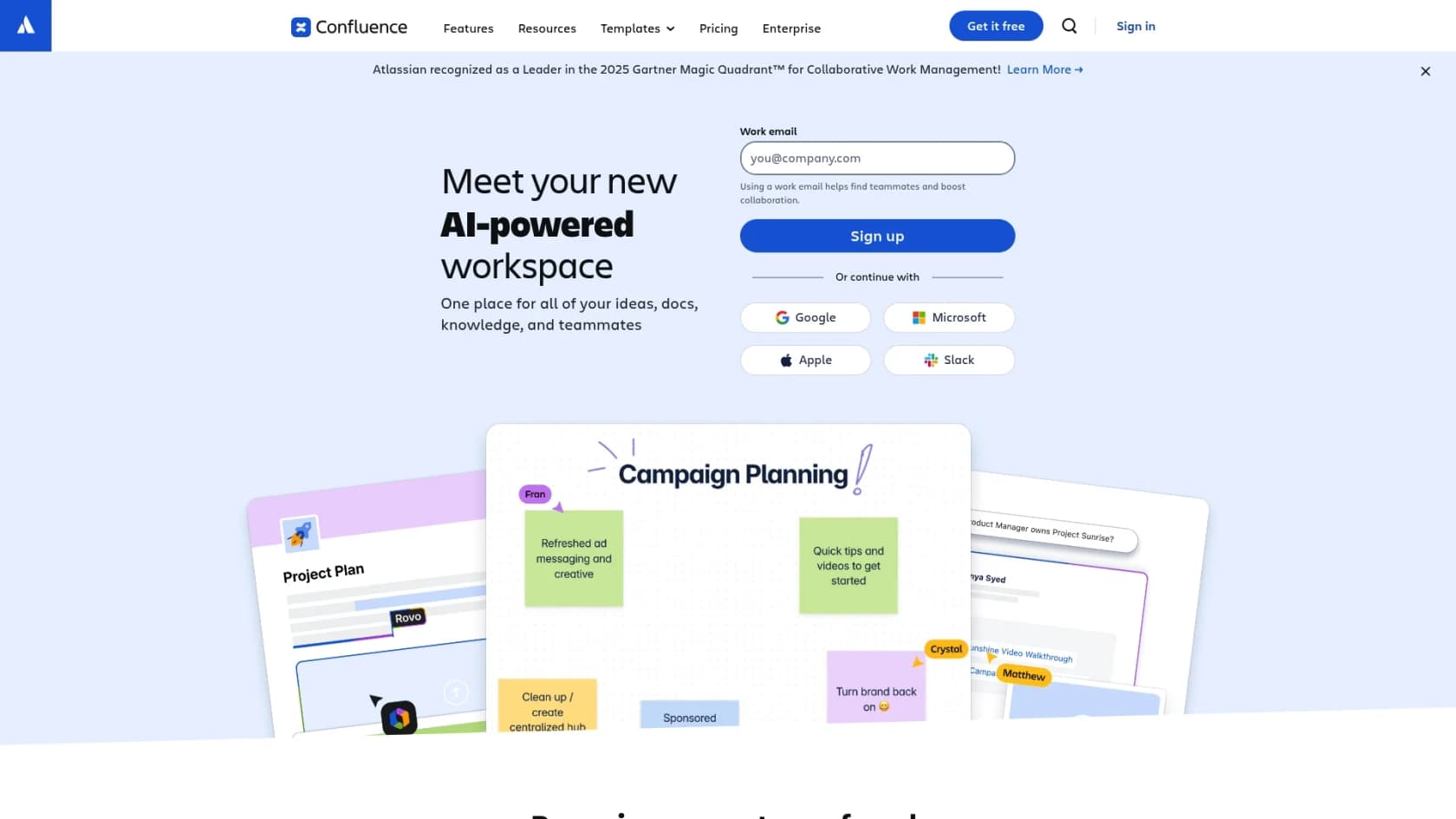 A screenshot of the Confluence landing page, a leading tool for technical documentation among search bot AI tools.