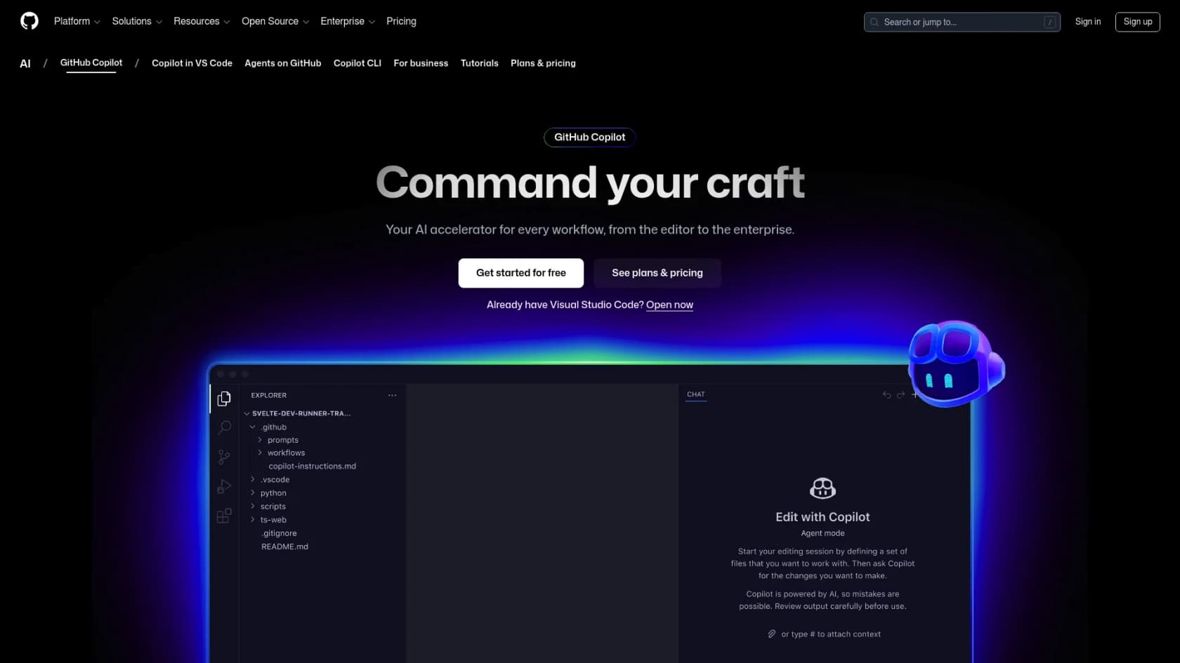 A screenshot of the GitHub Copilot landing page, another one of the top AI tools every Salesforce developer should know.