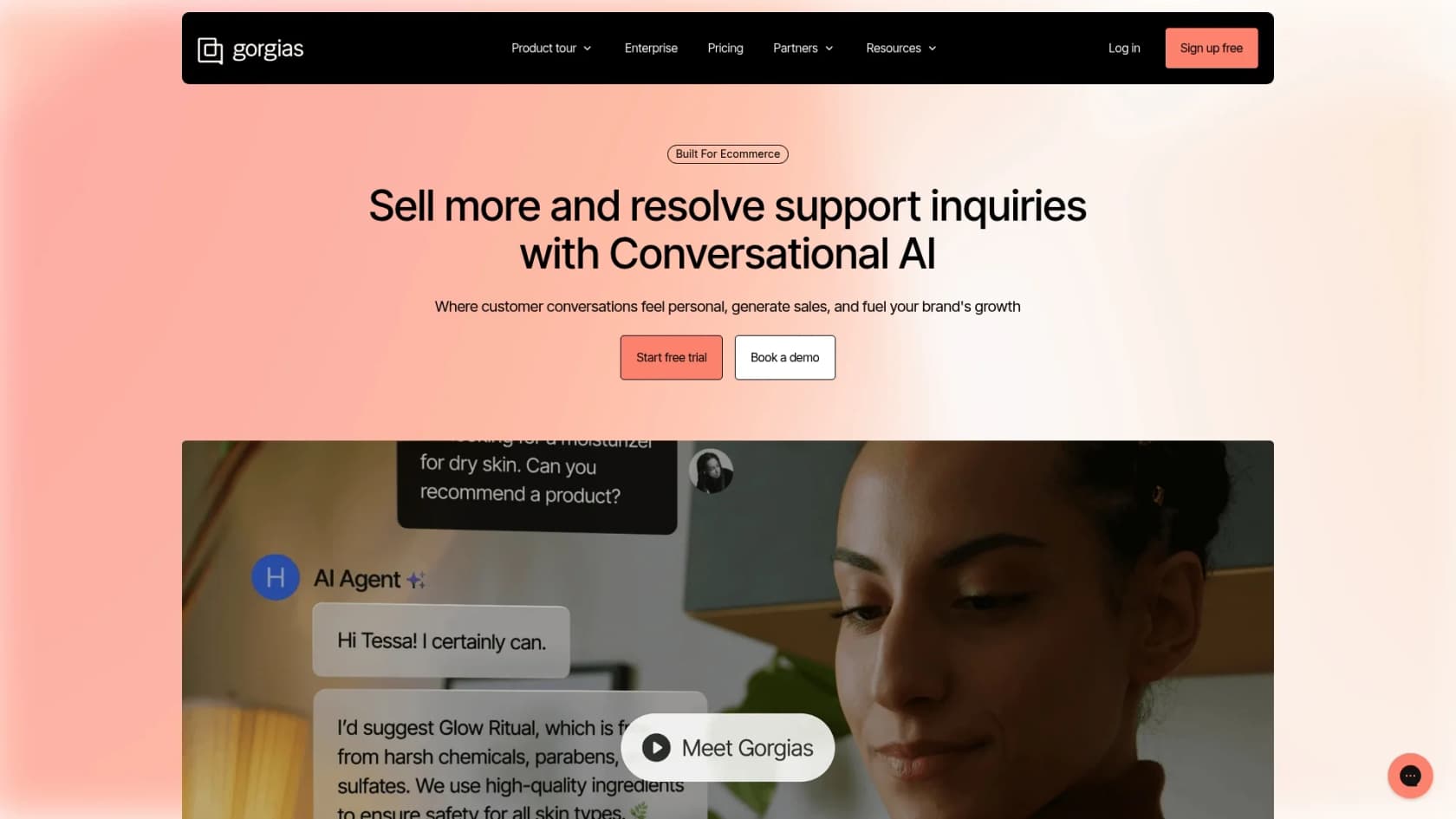 A screenshot of the Gorgias landing page, a helpdesk-focused option for Shopify AI alternatives.
