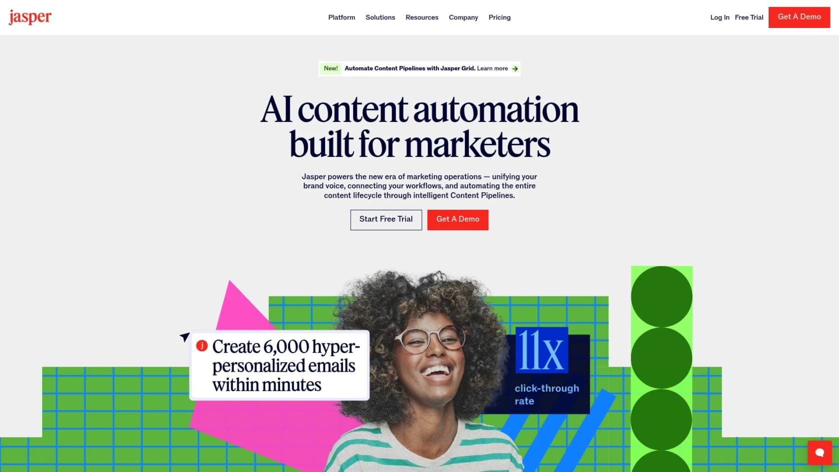 A screenshot of the Jasper.ai landing page, an example of AI writing tools to enhance your content creation.