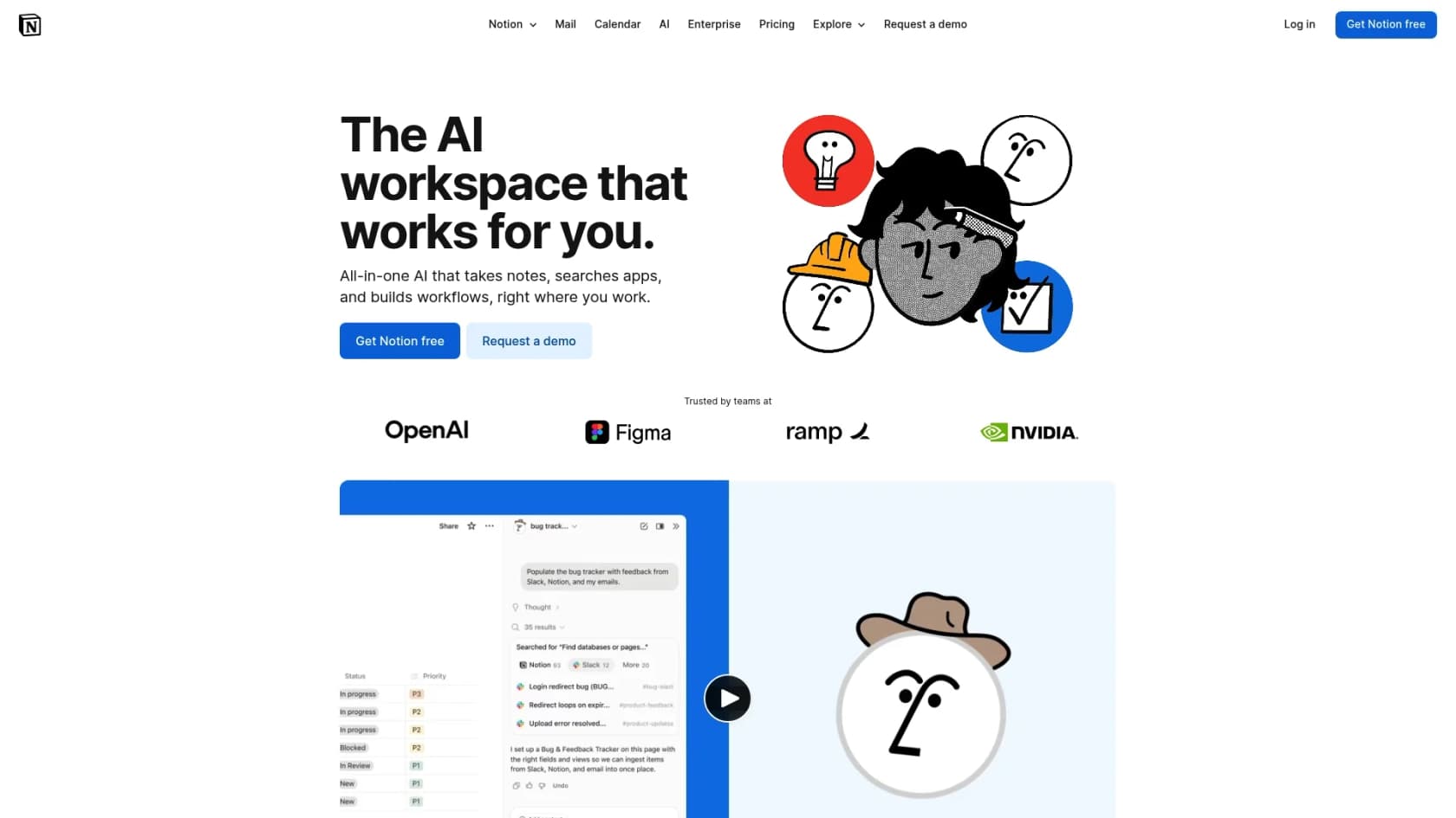 A screenshot of the Notion landing page, a flexible workspace solution that includes search bot AI tools.