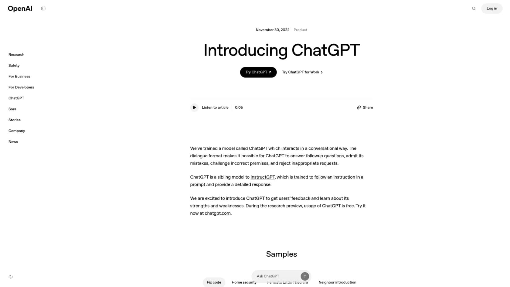 Uma captura de ecrã da página oficial da OpenAI a anunciar a funcionalidade de pesquisa de compras do ChatGPT.