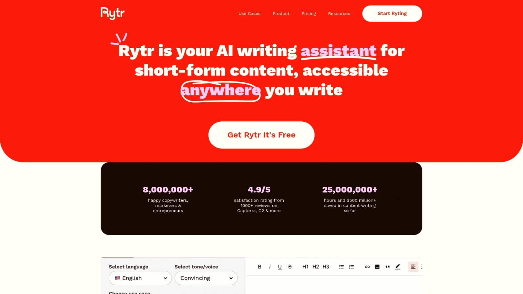 Uma captura de ecrã da página inicial do Rytr, uma das principais ferramentas de IA para redatores de conteúdo.