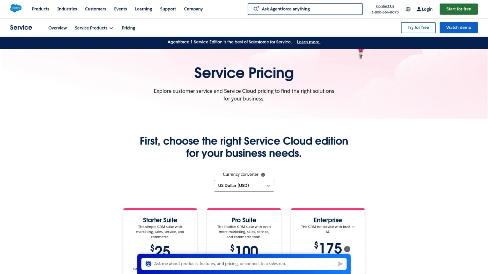 A screenshot showing the pricing plans for Salesforce Service Cloud.