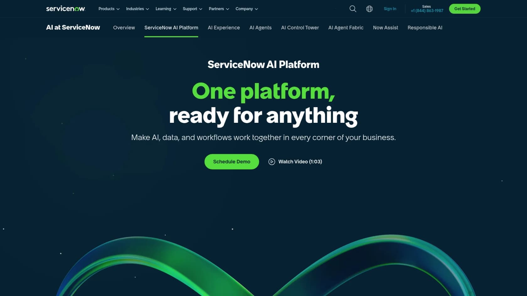 A screenshot of the ServiceNow homepage, which details their offerings and gives an overview of ServiceNow pricing for small business.