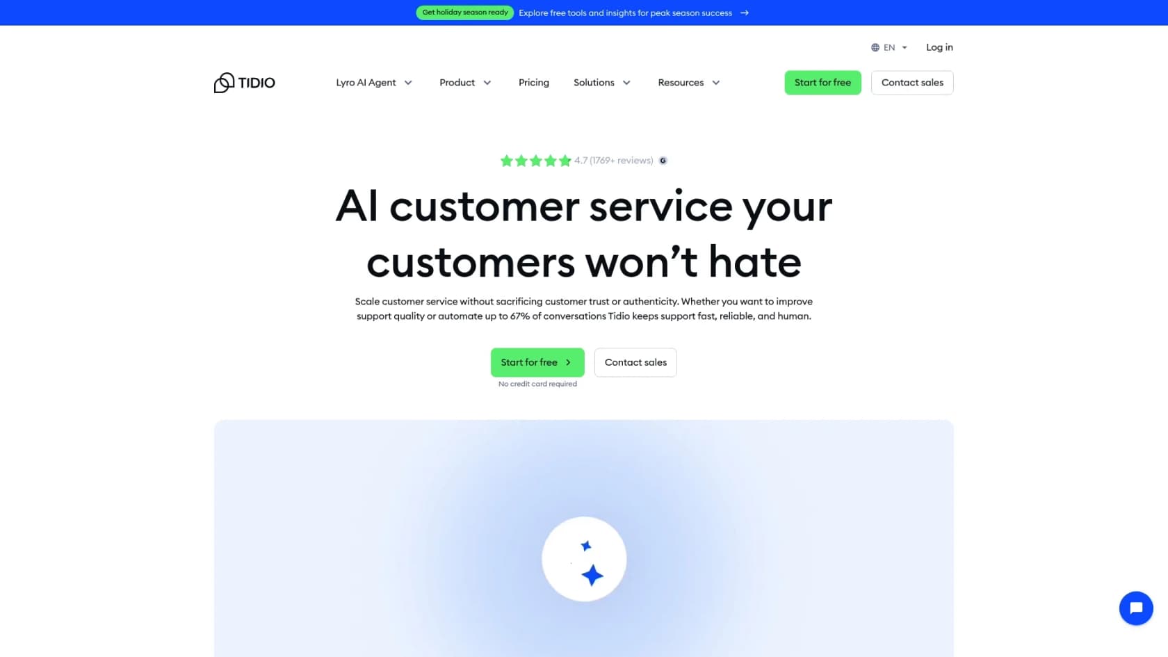 A brief caption of the Tidio landing page. You can see the Tidio panel in action.