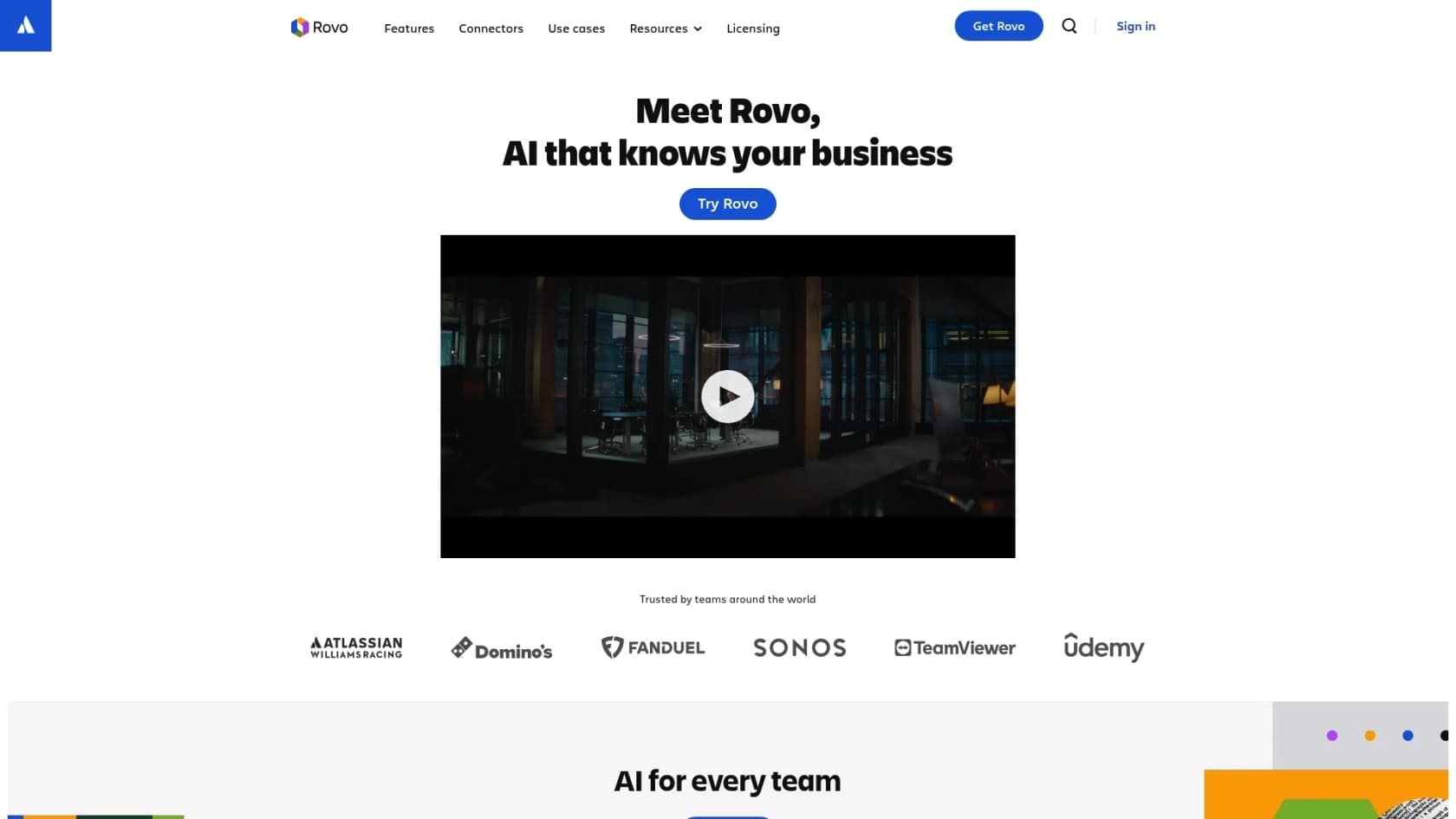 新しいAtlassian Intelligence機能を支えるRovoのランディングページのスクリーンショット。