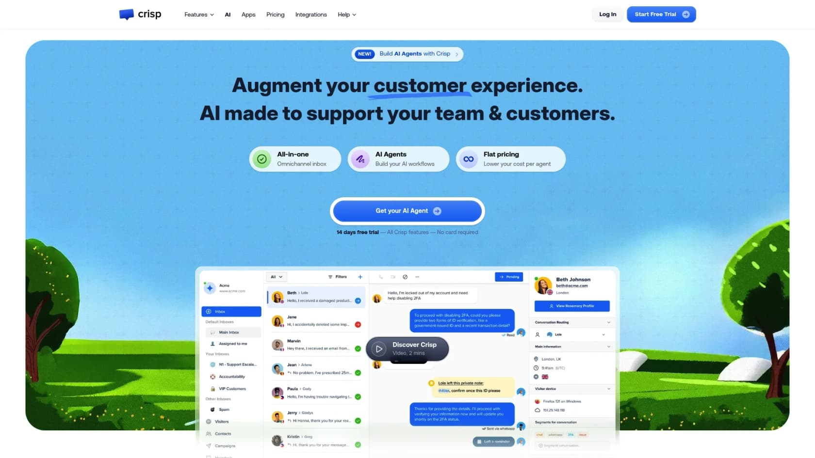 Ein Screenshot der Crisp-Landingpage, ein visueller KI-App-Builder.