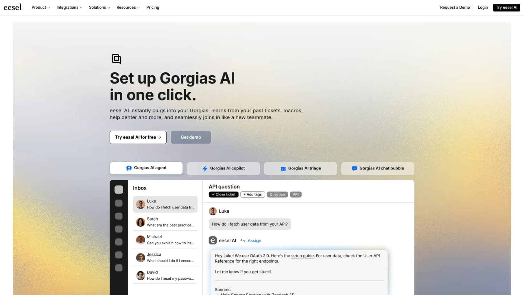 A screenshot showing the eesel AI integration page for Gorgias, illustrating how the two platforms connect to enhance customer support.