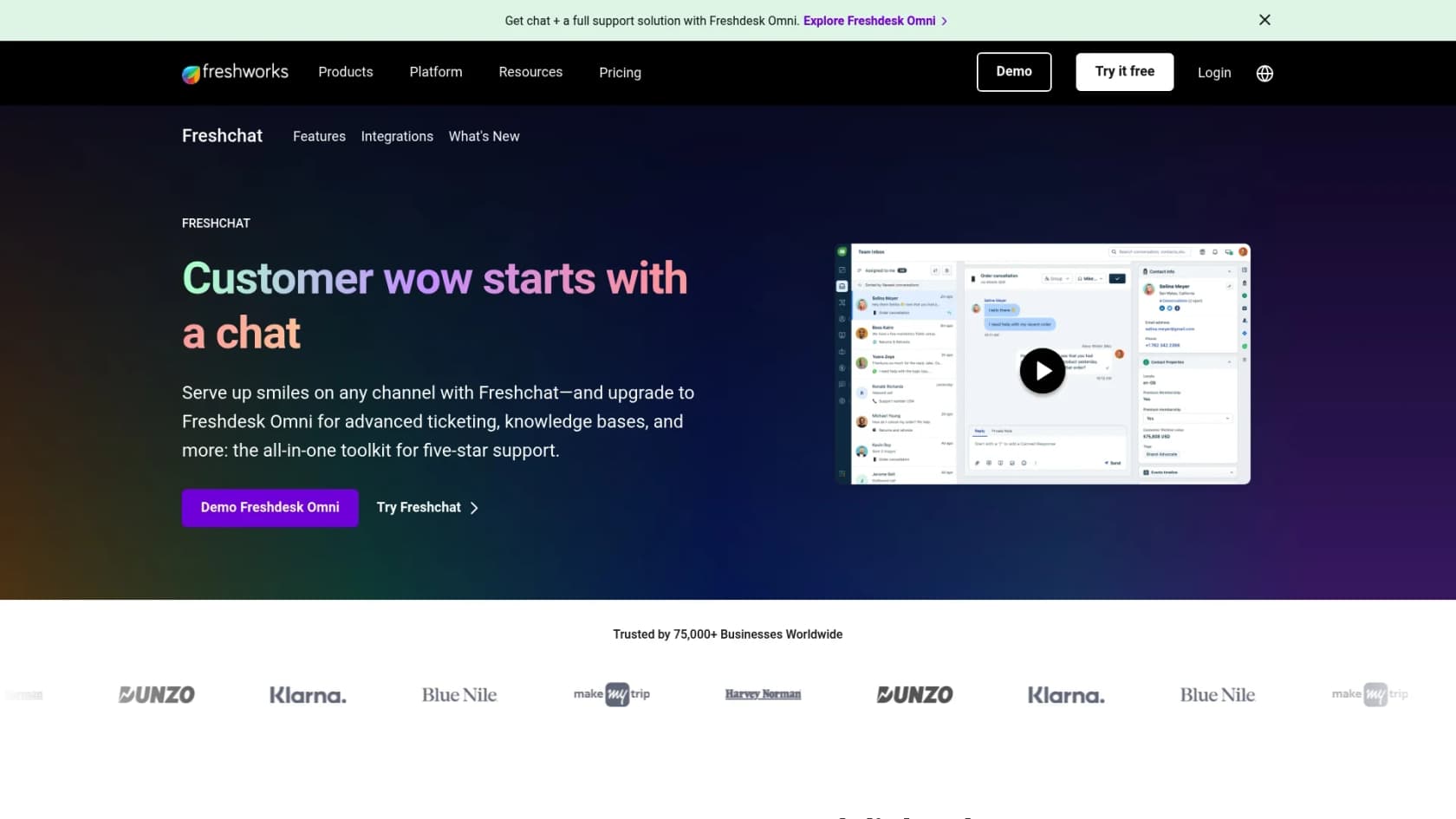 A screenshot of the Freshchat landing page, relevant to the AI live chat blog.