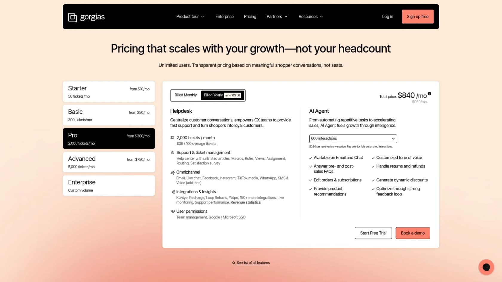 Captura de pantalla de la página de precios del servicio al cliente de Gorgias.