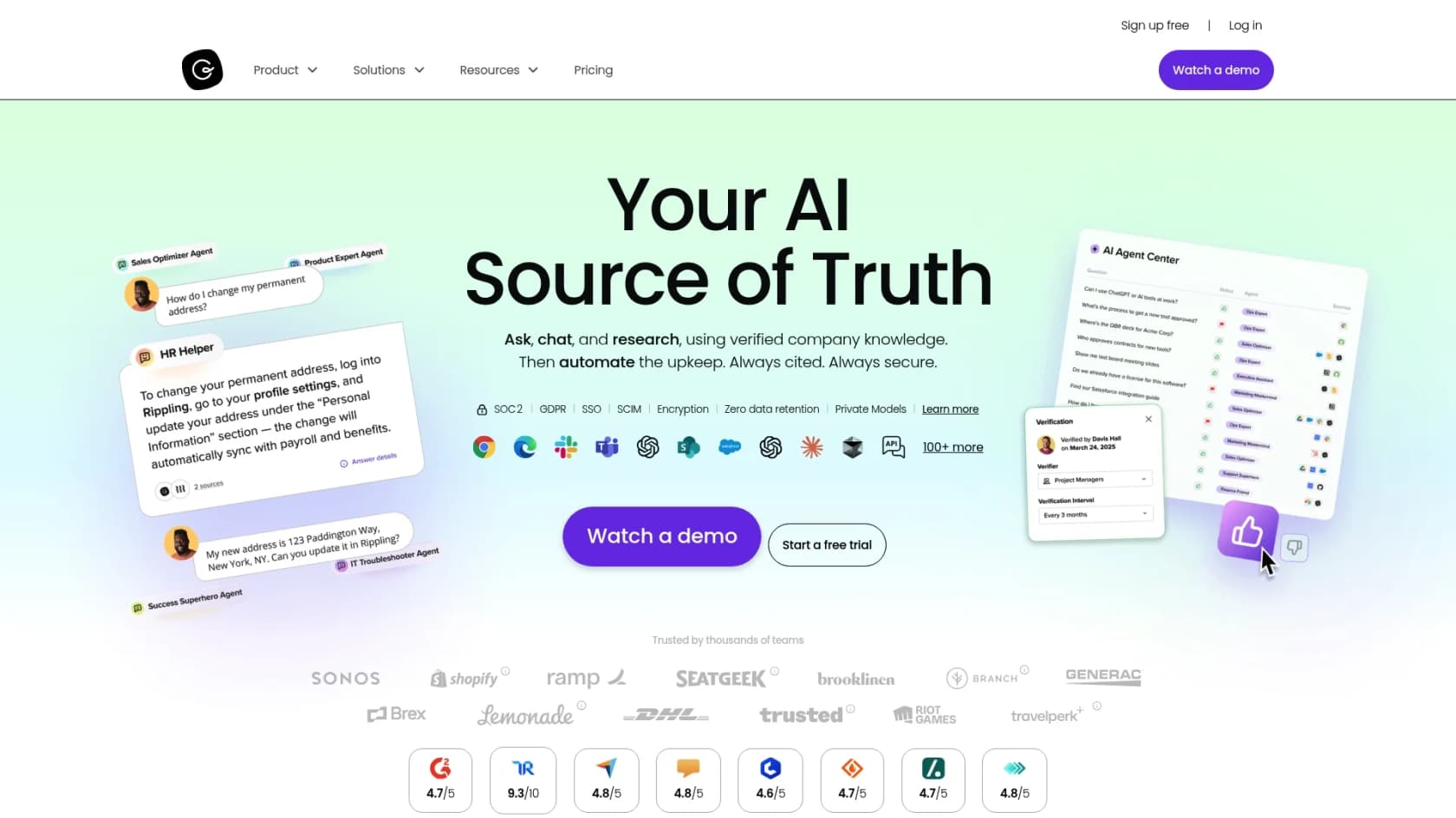 A screenshot of the Guru landing page, a popular choice for internal search bot AI tools.