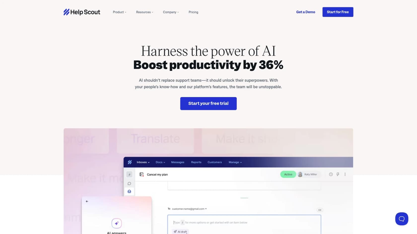 Capture d'écran de la page de destination de Help Scout AI, un assistant IA ChatGPT.