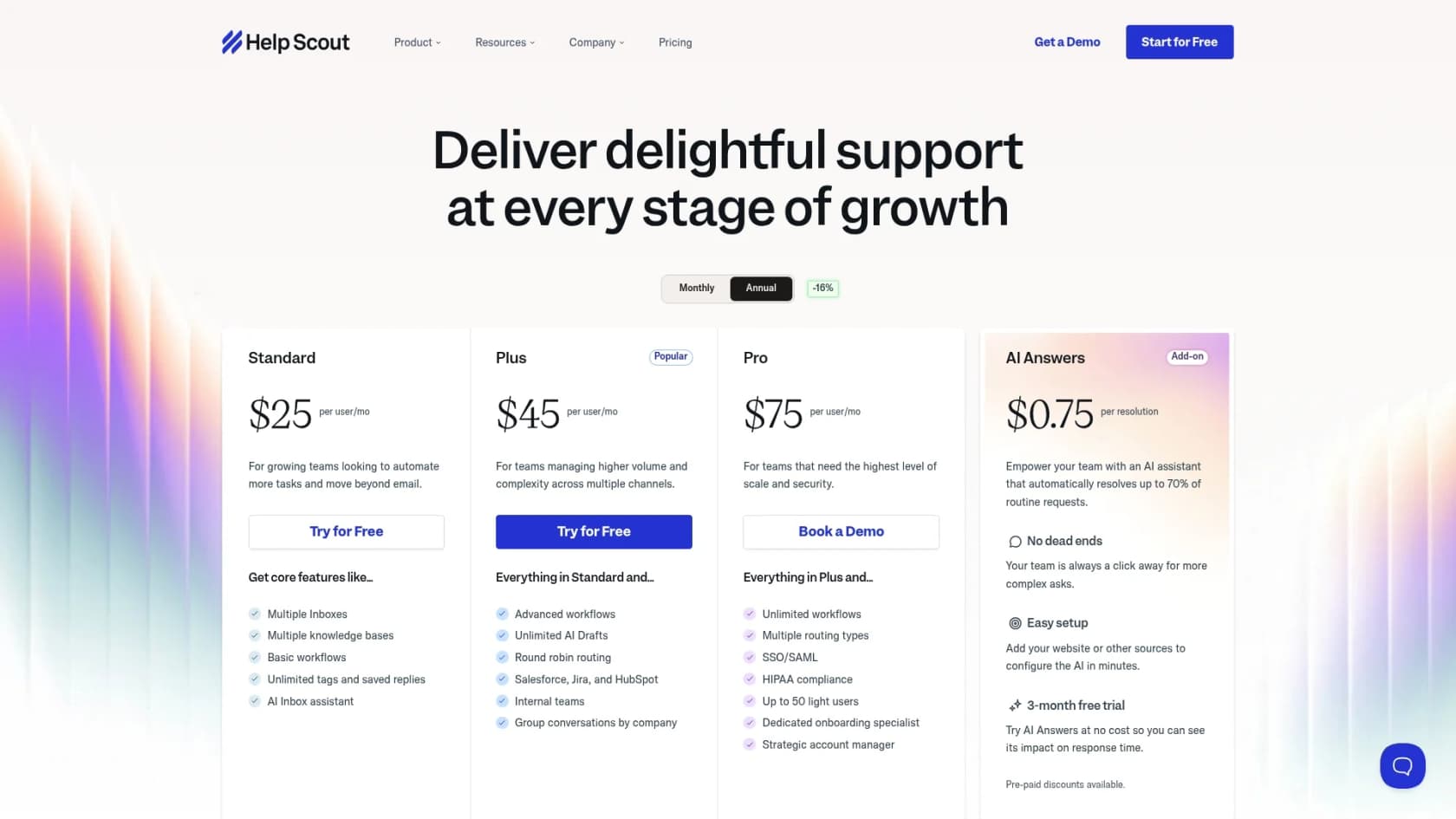 A screenshot of the Help Scout pricing page which details the different plans and their features, highlighting one of the main Help Scout features.