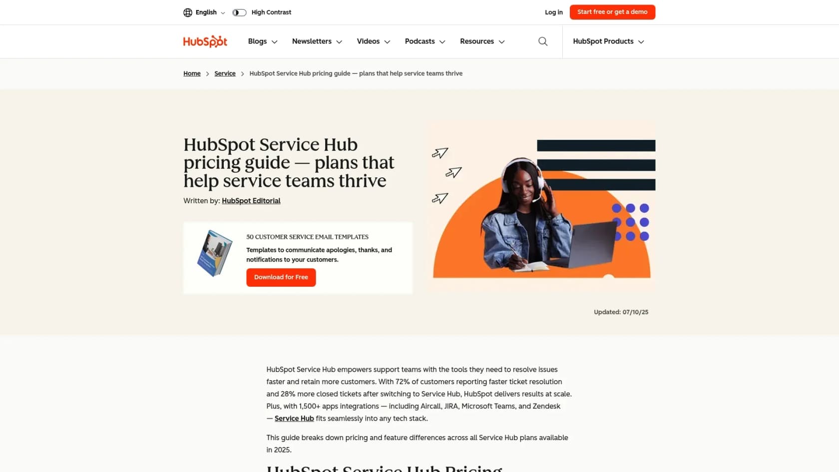 A screenshot of the HubSpot Service Hub landing page, an integrated solution for Jira alternatives for software development.