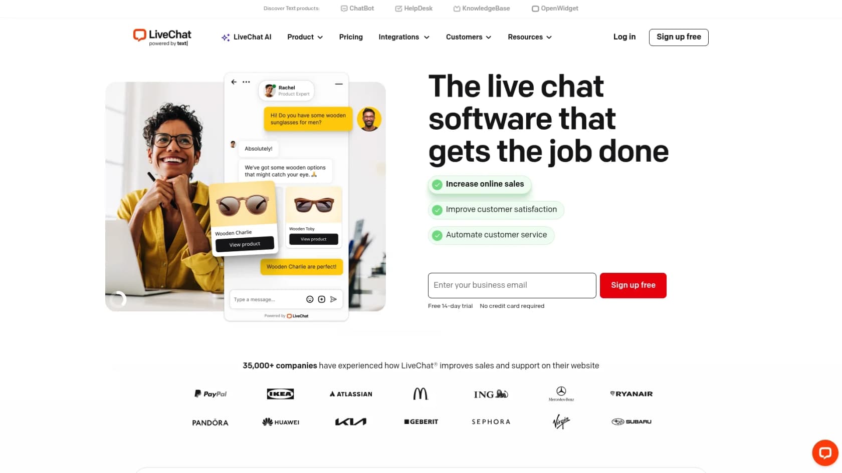 A screenshot of the LiveChat landing page, one of the best AI tools for customer service.
