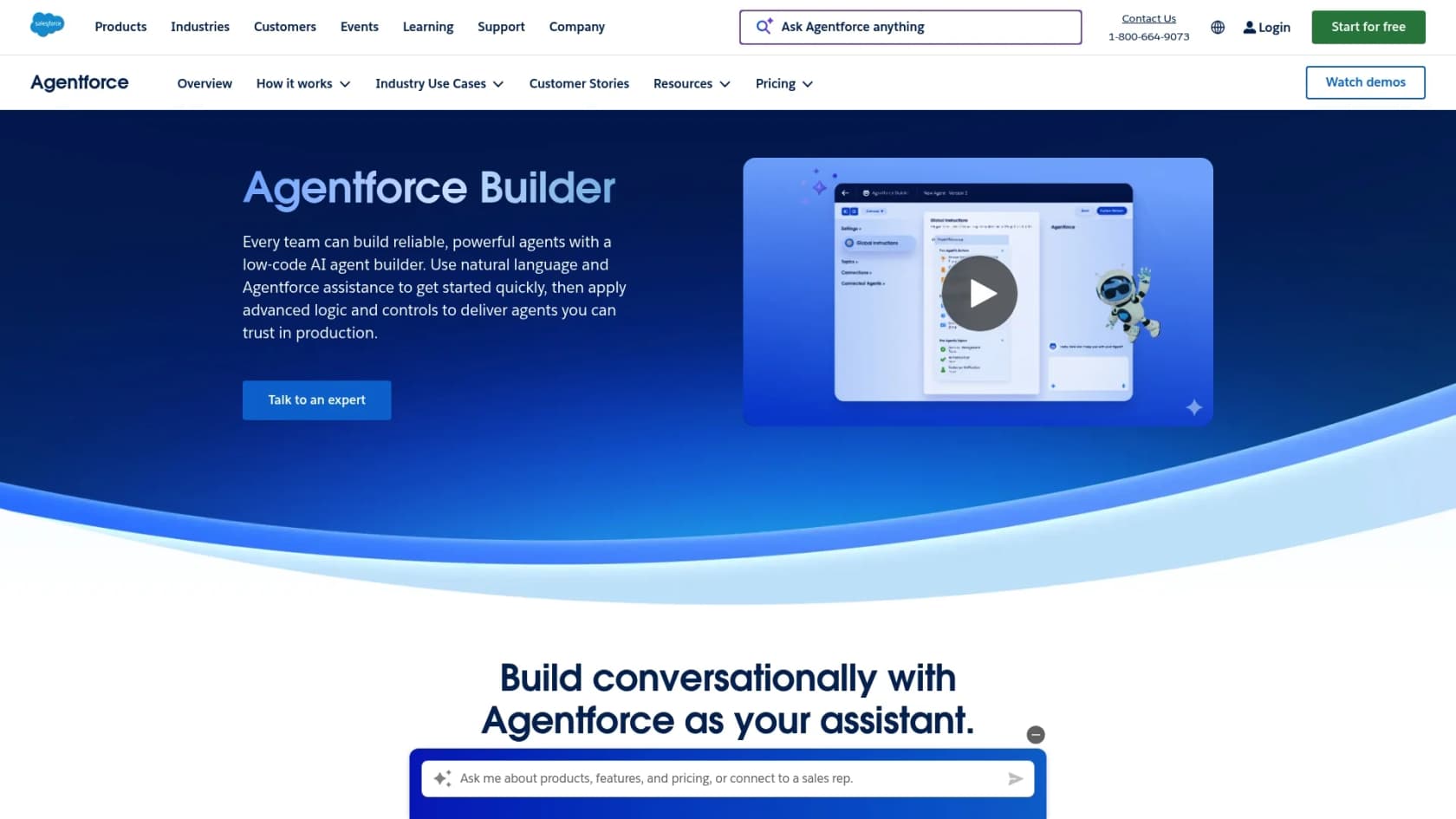 A screenshot of the Agentforce builder landing page, showcasing the interface for creating AI agents.