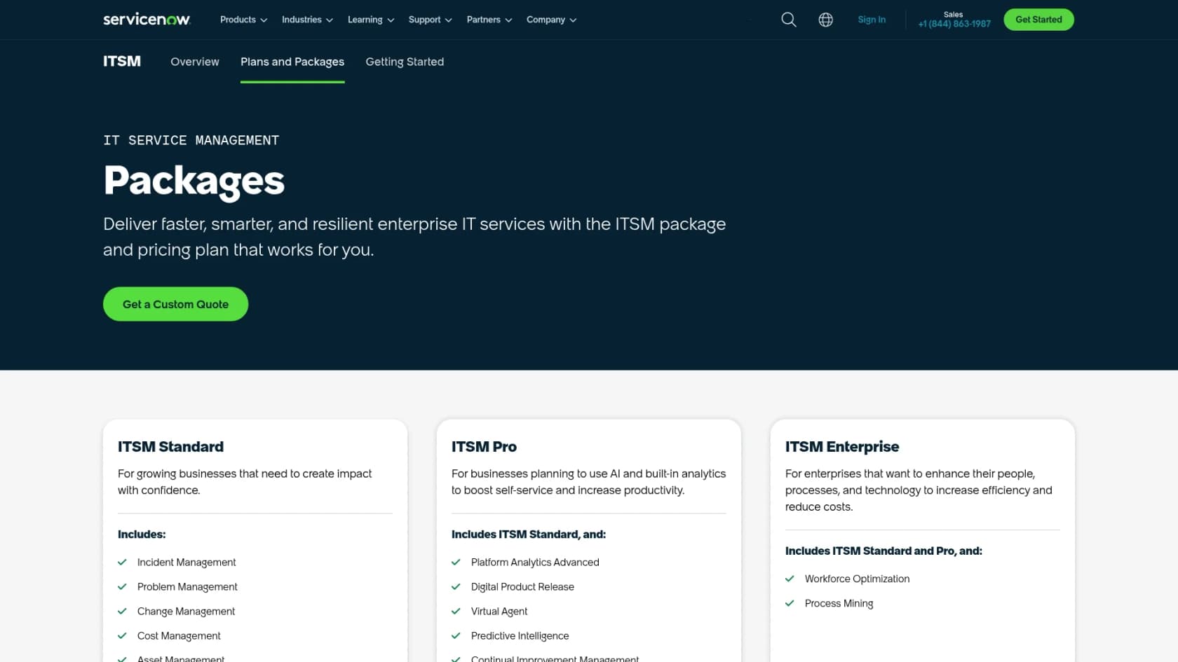 A screenshot of the ServiceNow ITSM pricing page, which helps in understanding ServiceNow pricing for small business.