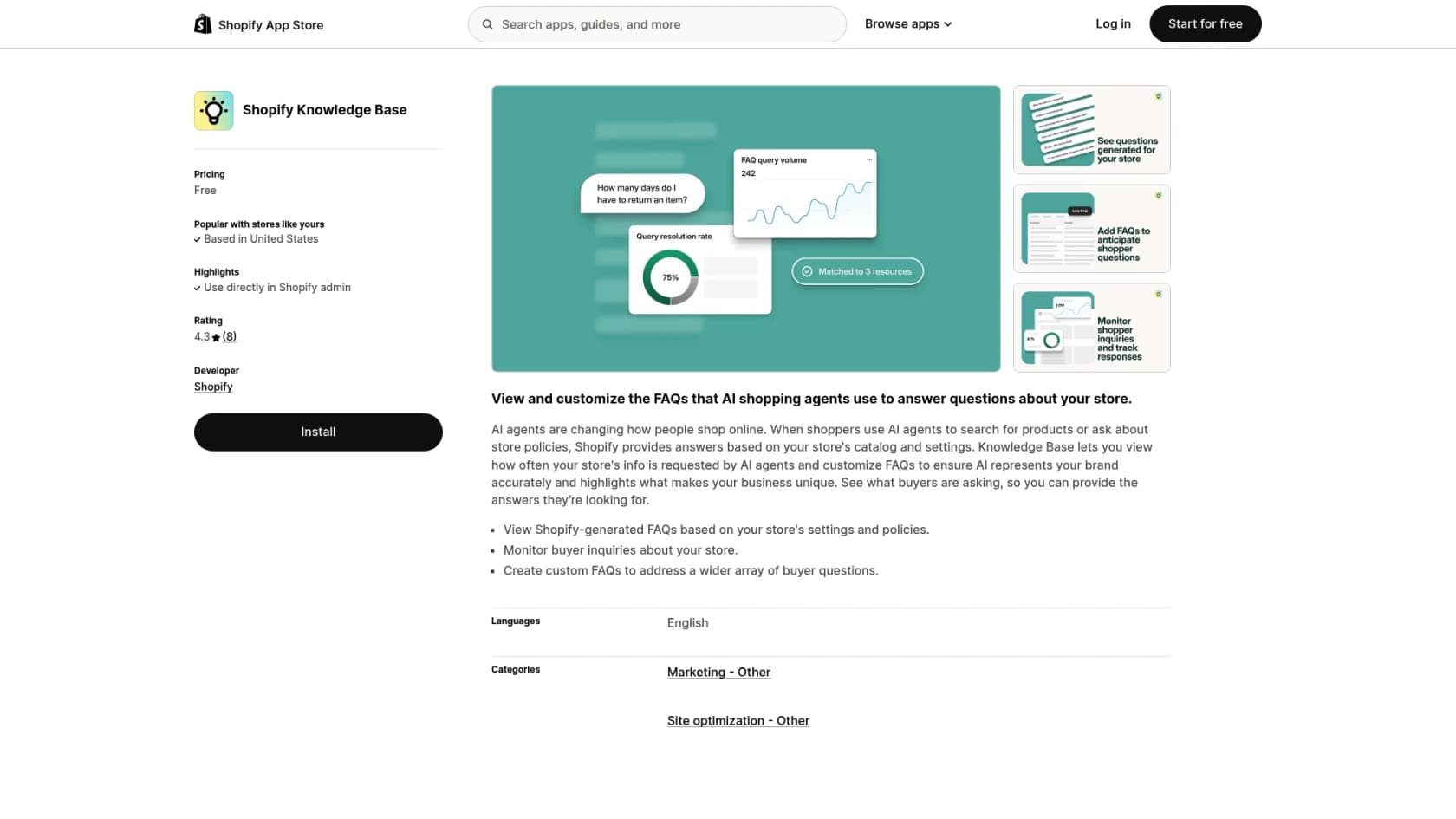 A screenshot of the Shopify Knowledge Base app page, the baseline for Shopify AI alternatives.