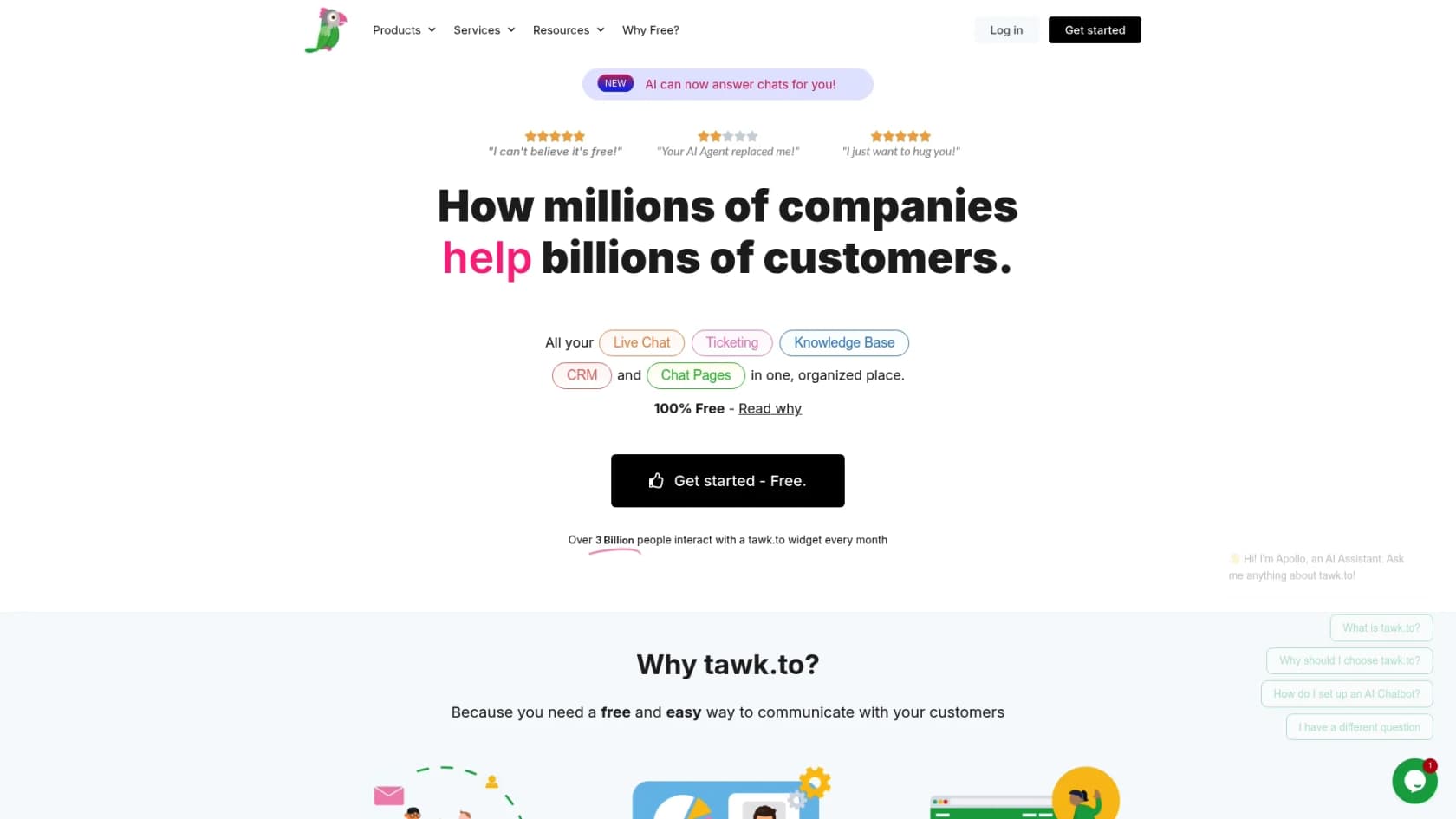 Una captura de pantalla de la página de inicio de Tawk.to, una IA gratuita para la atención al cliente.