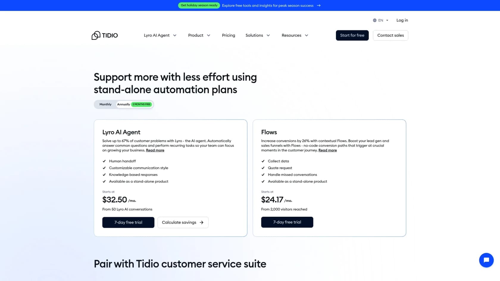A screenshot of the Tidio pricing page, showing the different plans and features available. This can be managed through the Tidio panel.