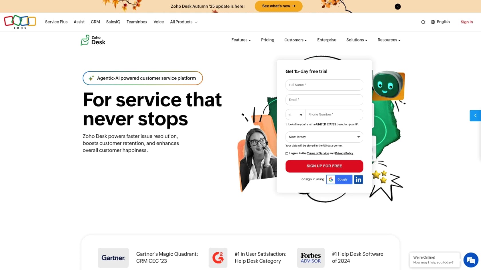 A screenshot of the Zoho Desk landing page, a good salesforce ai alternatives for small business.