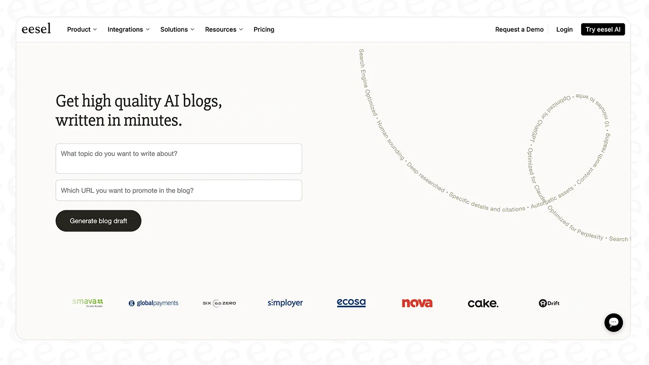 A screenshot of the eesel AI Blog Writer landing page, an AI blog generator free unlimited tool.
