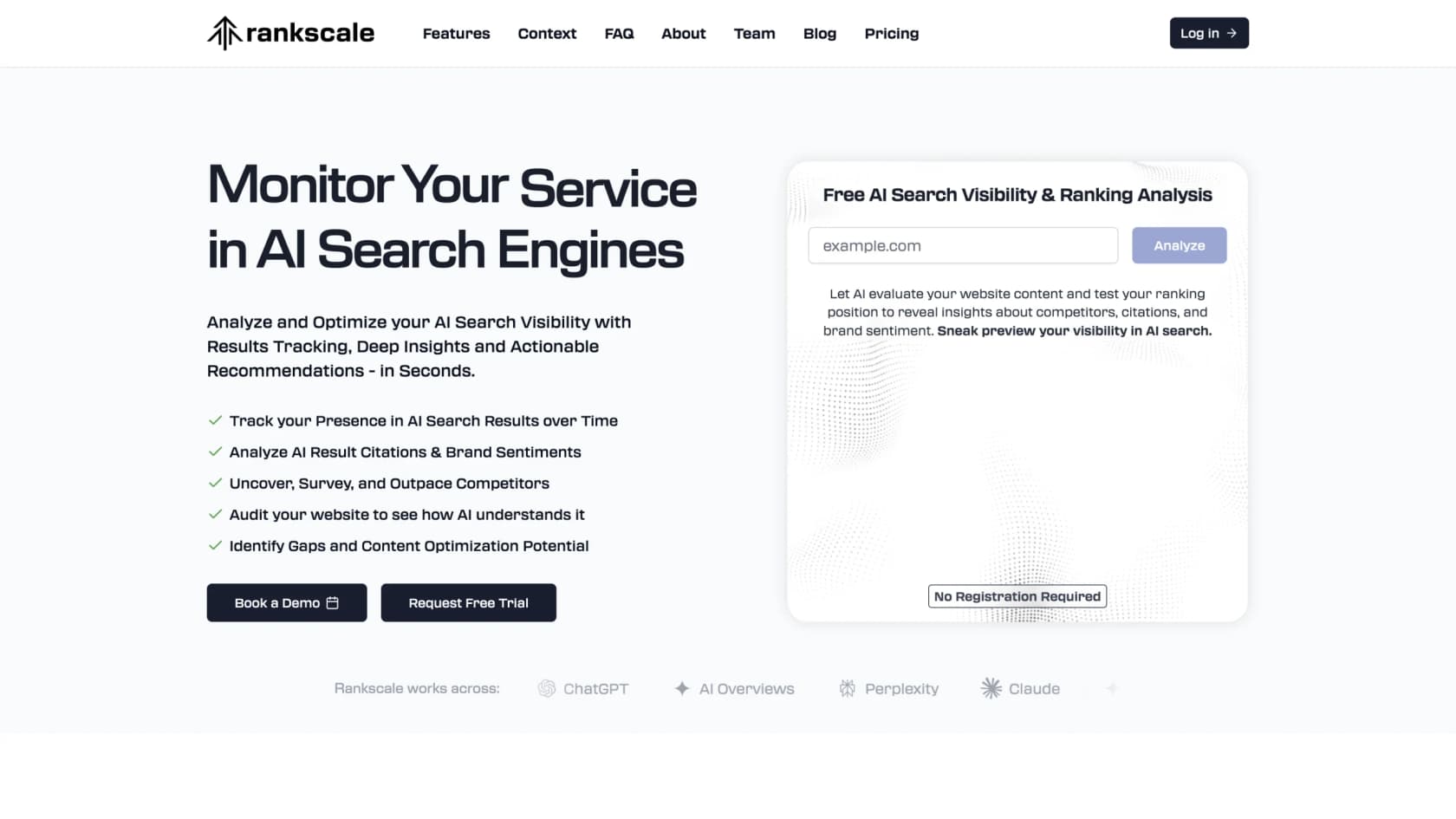 A screenshot of the Rankscale.ai homepage, a specialized GEO platform and one of the best AI-driven SEO tools for agencies.
