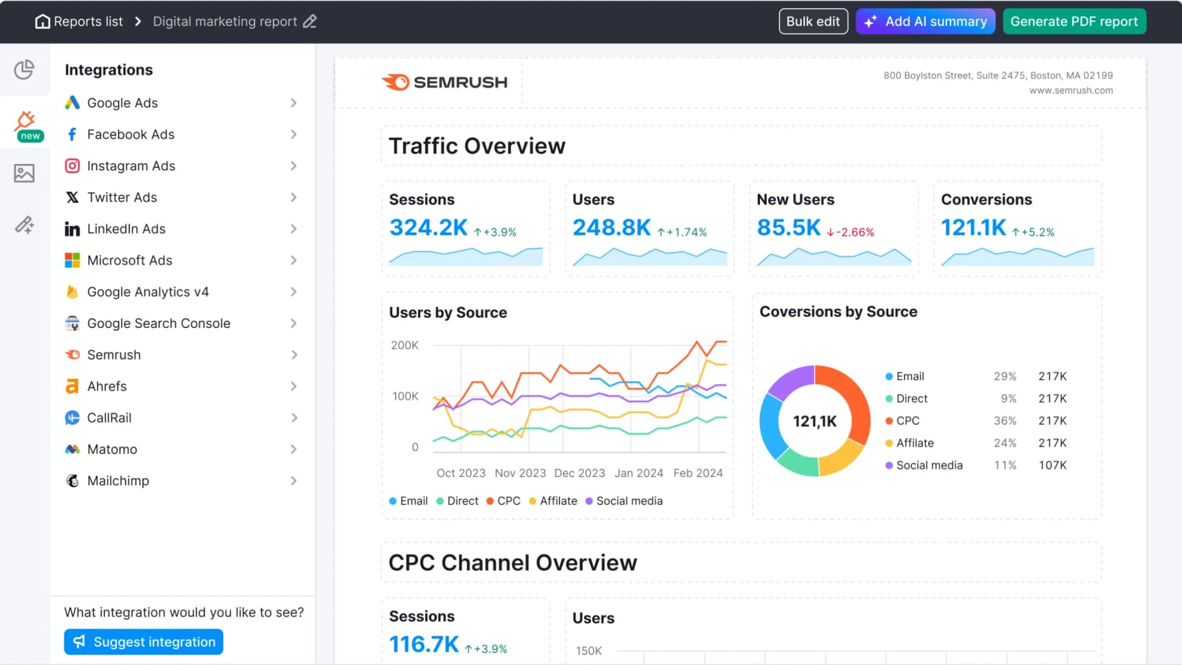 A screenshot of the Semrush dashboard interface