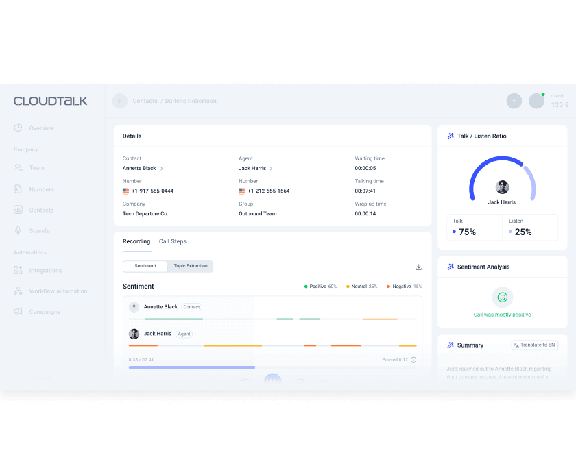 CloudTalk call summary interface with sentiment analysis and talk/listen ratio metrics