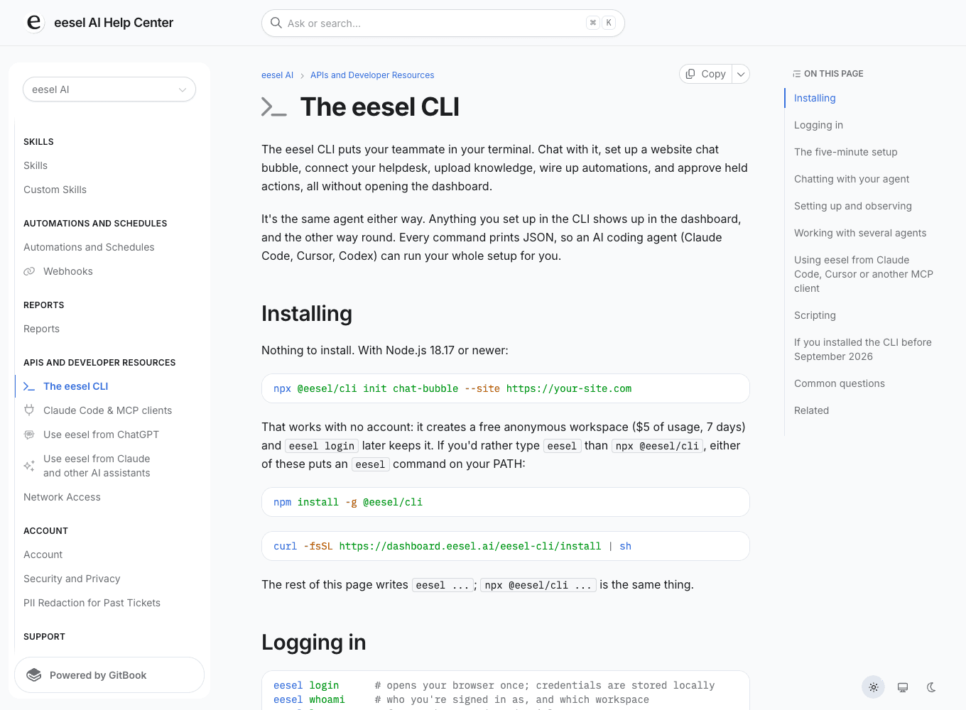 Official eesel CLI documentation showing same-workspace access, JSON output, and npm commands