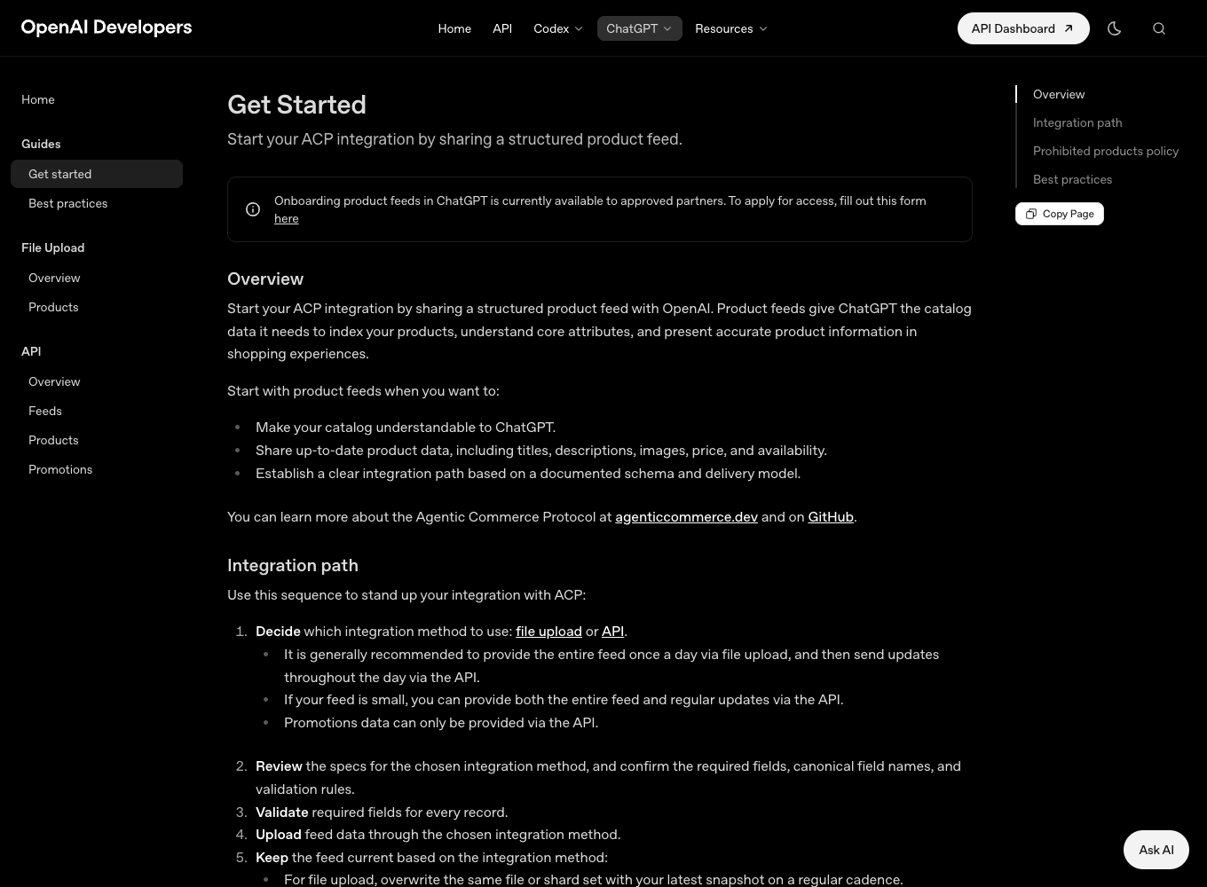 OpenAI commerce onboarding documentation showing approved-partner access and product-feed integration guidance