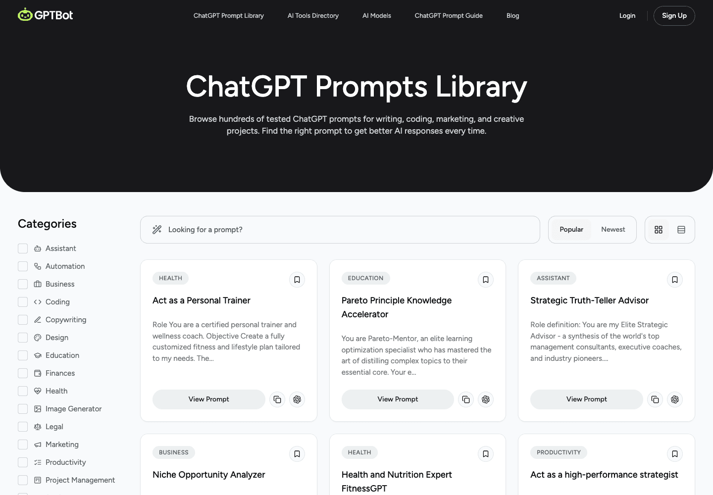 GPTBot prompt library showing search, category filters, sorting controls, and prompt cards