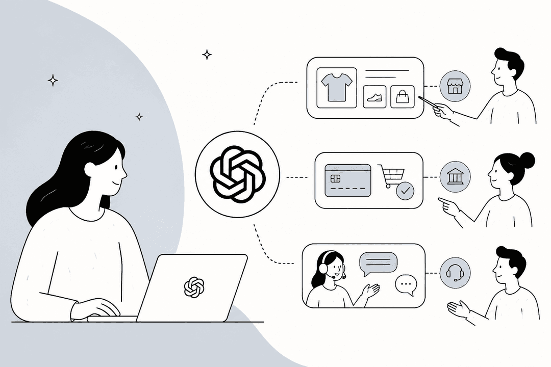 Illustration separating merchant product catalogs, checkout and payments, and customer support