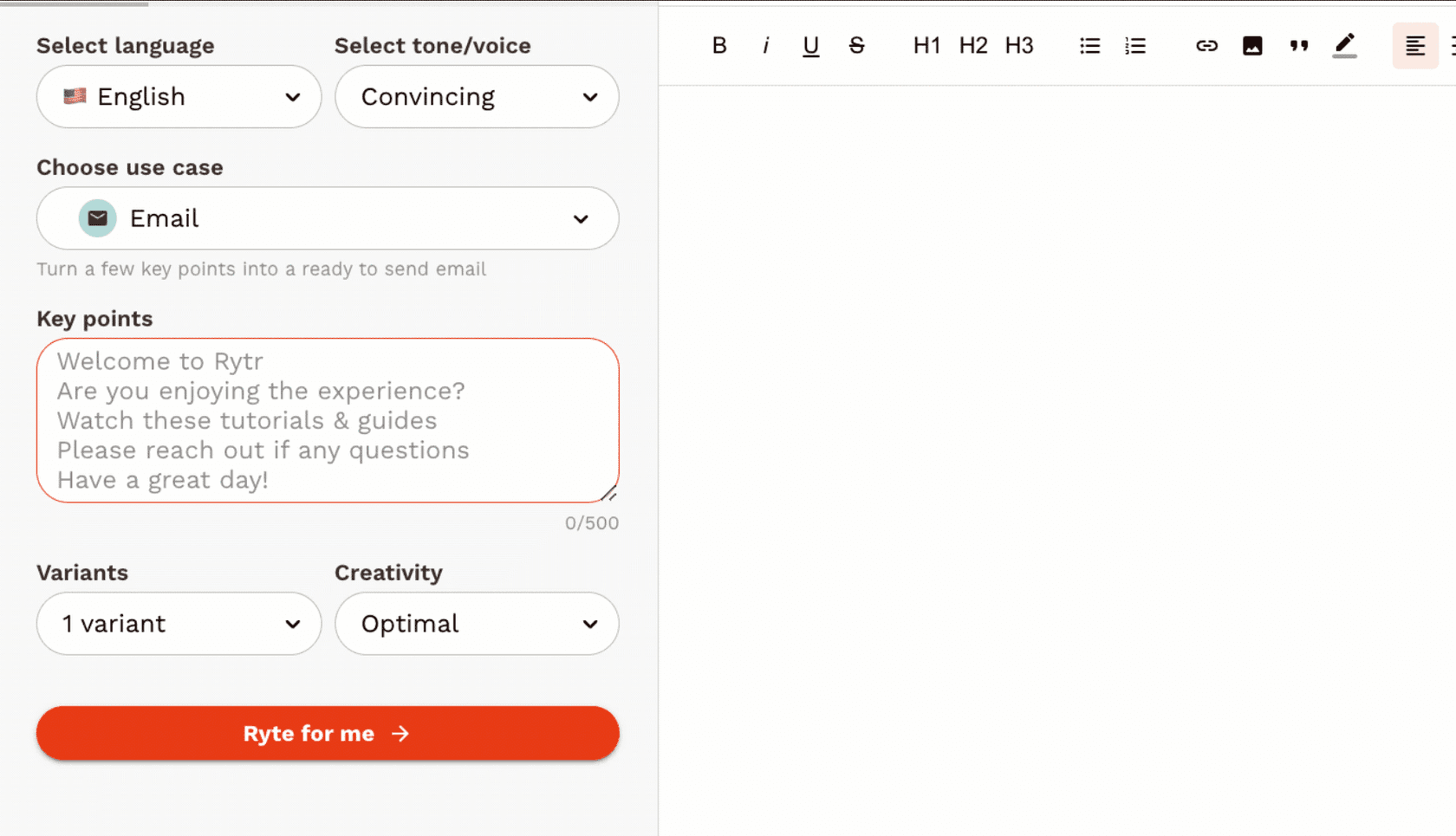 Rytr's email editor with English and Convincing selected, welcome-email key points, variant and creativity controls, and an empty rich-text editor