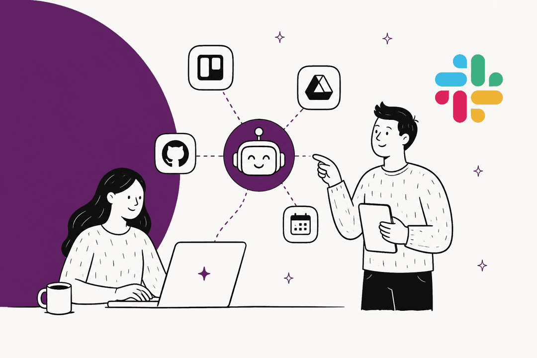 Illustration of a Slack AI agent connecting people and workplace apps