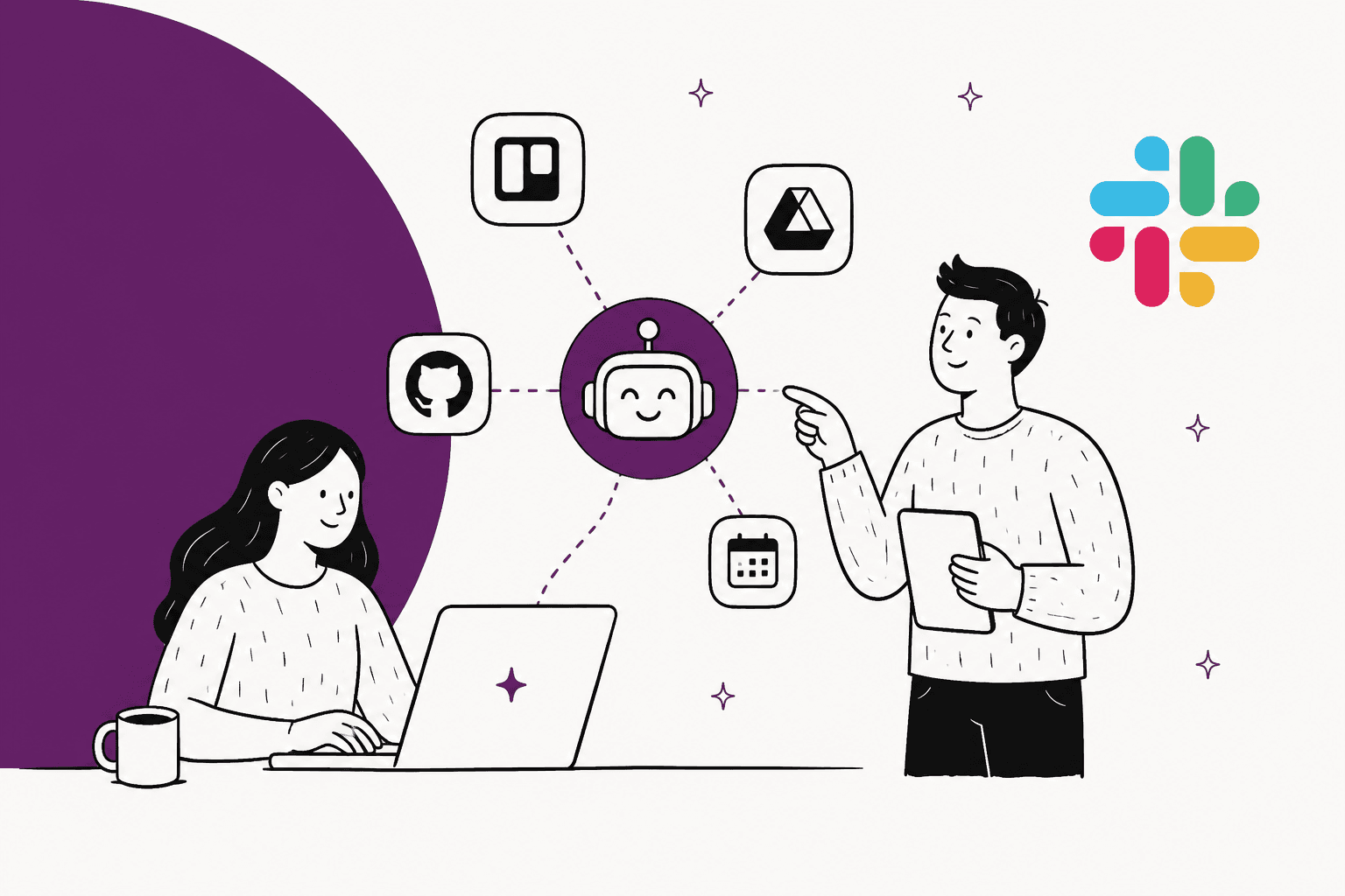 Illustration of a Slack AI agent connecting people and workplace apps