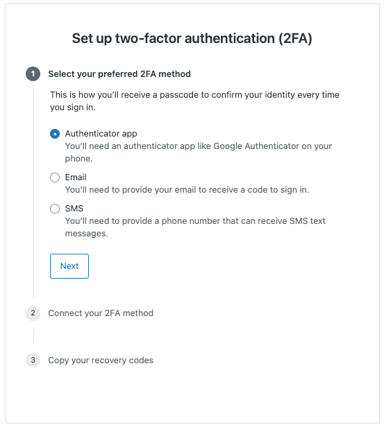 Zendesk 2FA setup dialog with authentication method options.