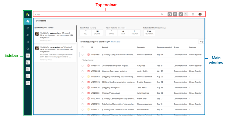 Tableau de bord de l’agent Zendesk montrant les mises à jour des tickets et la liste des tickets ouverts