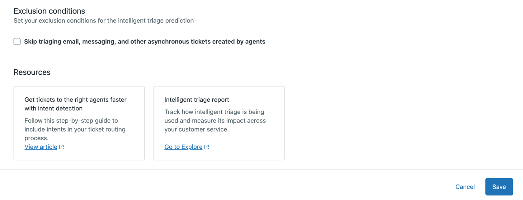 インテリジェントトリアージの管理センター設定。意図検出とトリアージレポートの除外条件とリソースが表示されています。