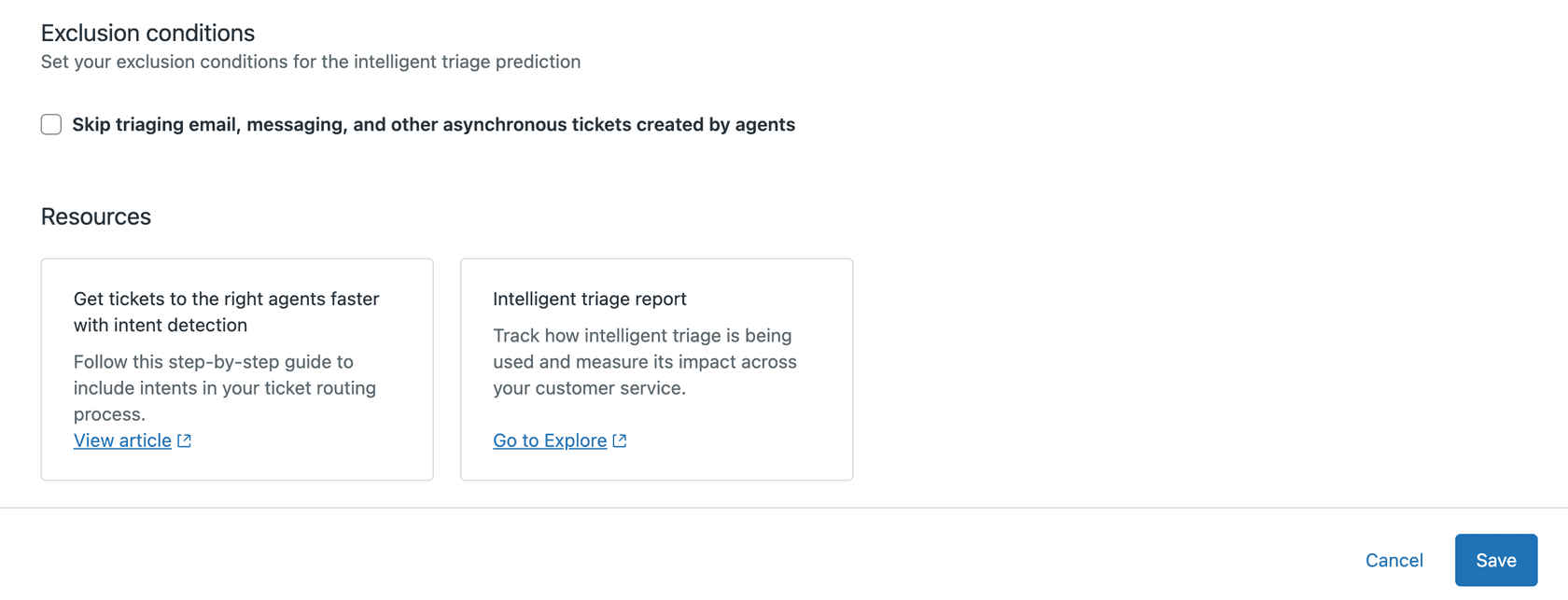 Admin Center settings for Intelligent Triage, showing exclusion conditions and resources for intent detection and triage reports.