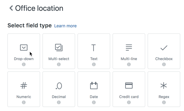 Zendesk Explore interface for selecting custom field types like Drop-down, Multi-select, and Text