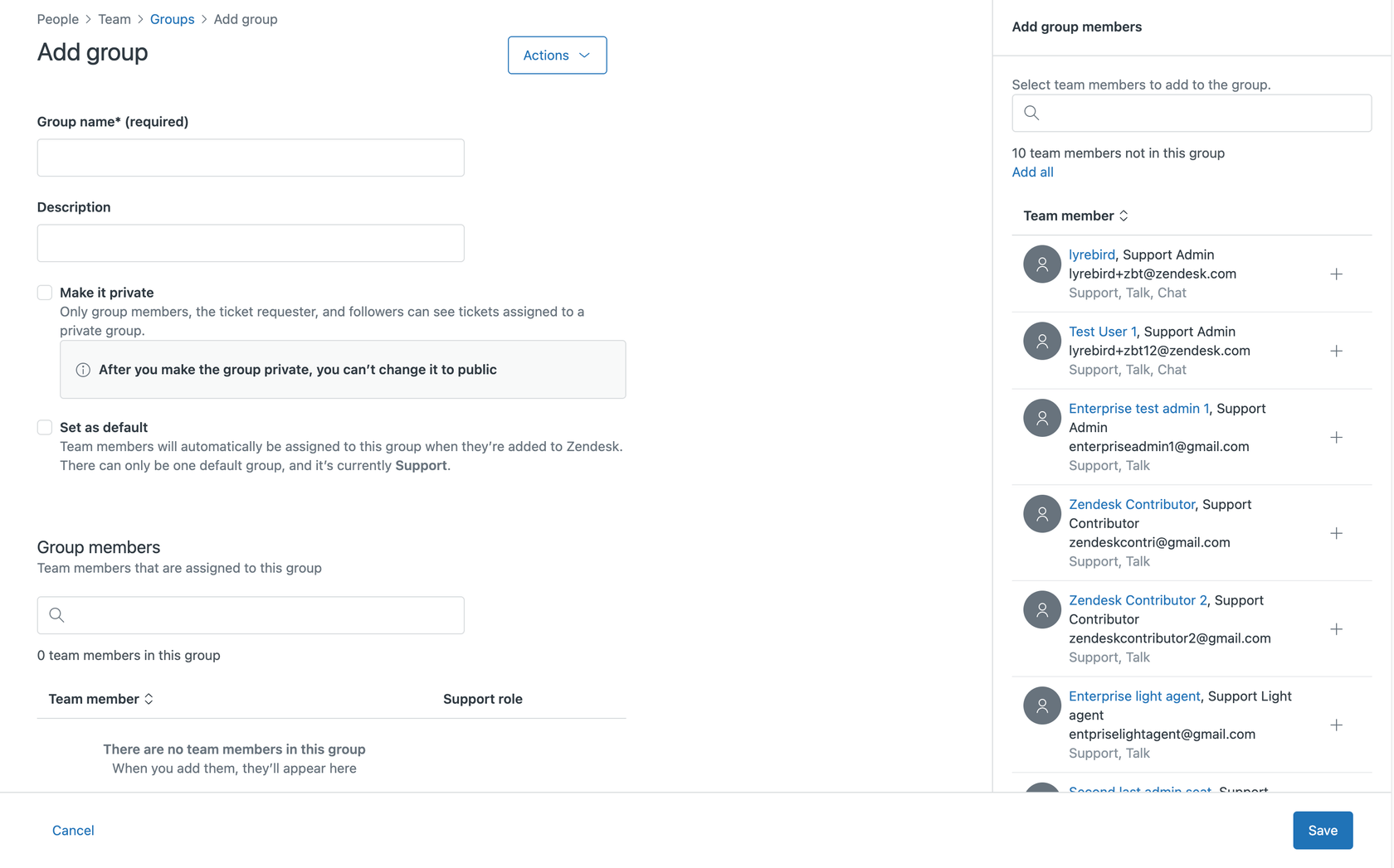 Le formulaire de création de groupe de Zendesk, permettant aux administrateurs de définir les détails du groupe et d'affecter des membres.