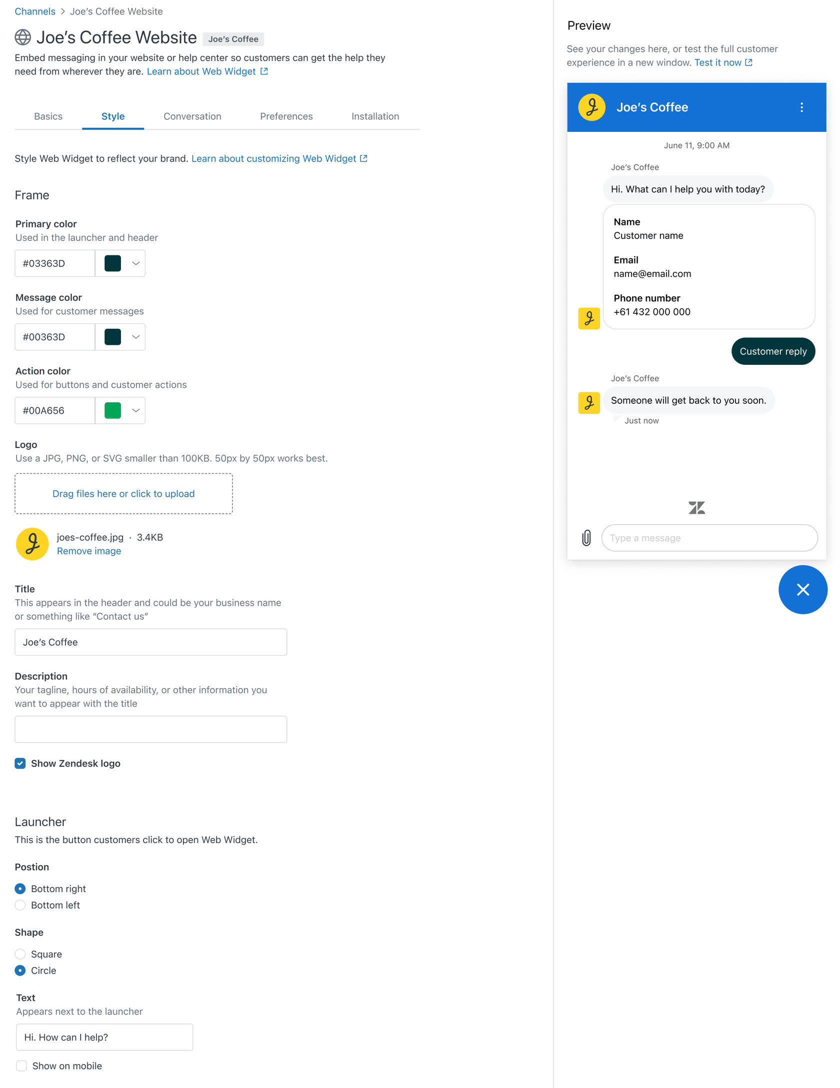 Das Zendesk Admin Center zeigt die 'Stil'-Einstellungen für ein Web Widget im Abschnitt 'Kanäle' mit einer Live-Vorschau der Messaging-Schnittstelle.