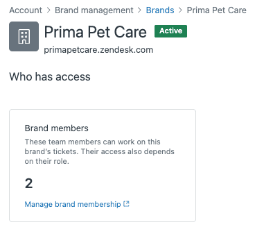 Zendesk brand management interface showing brand details and associated subdomain