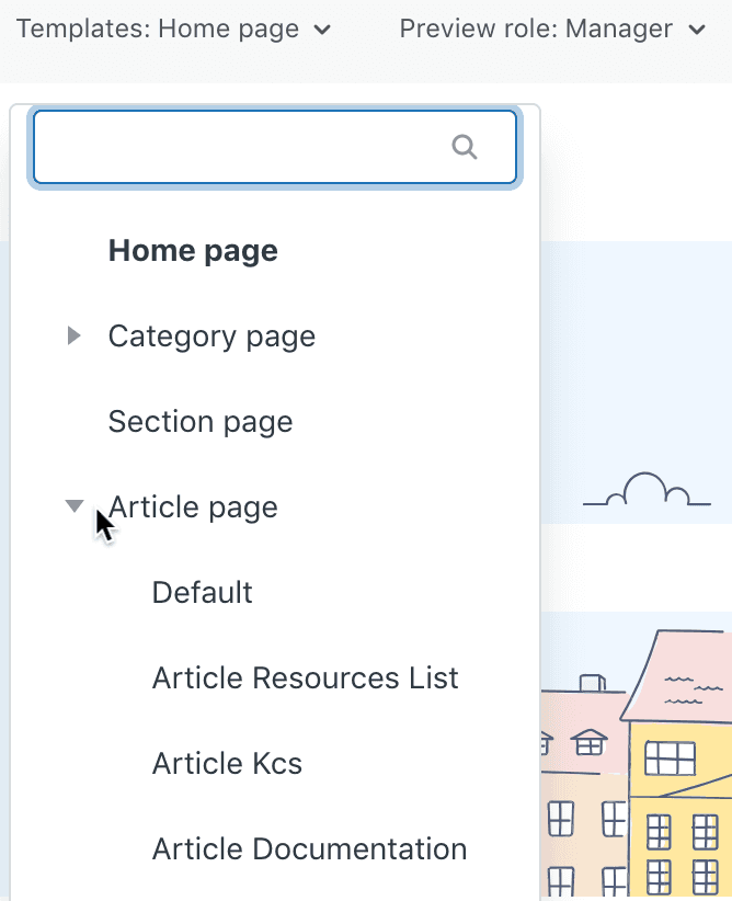 A template selection menu, showing options for various page types including 'Article page' and a 'Preview role: Manager' selector.