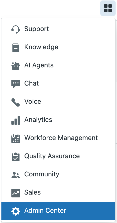 Menu de navigation des produits montrant le chemin d’accès du lanceur d’applications à l’Admin Center
