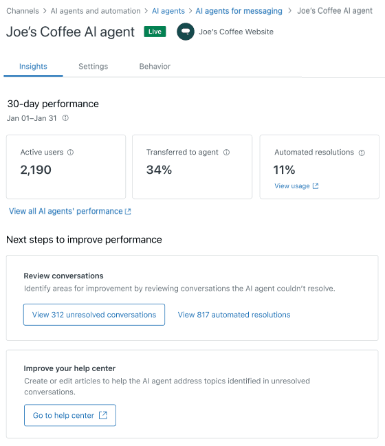 Zendesk AI agent insights dashboard with performance metrics and improvement suggestions