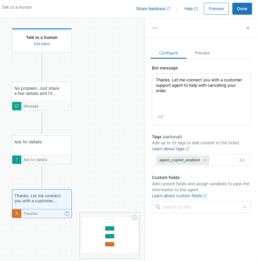 Zendesk virtual agent flow builder with AI-assisted transfer configuration