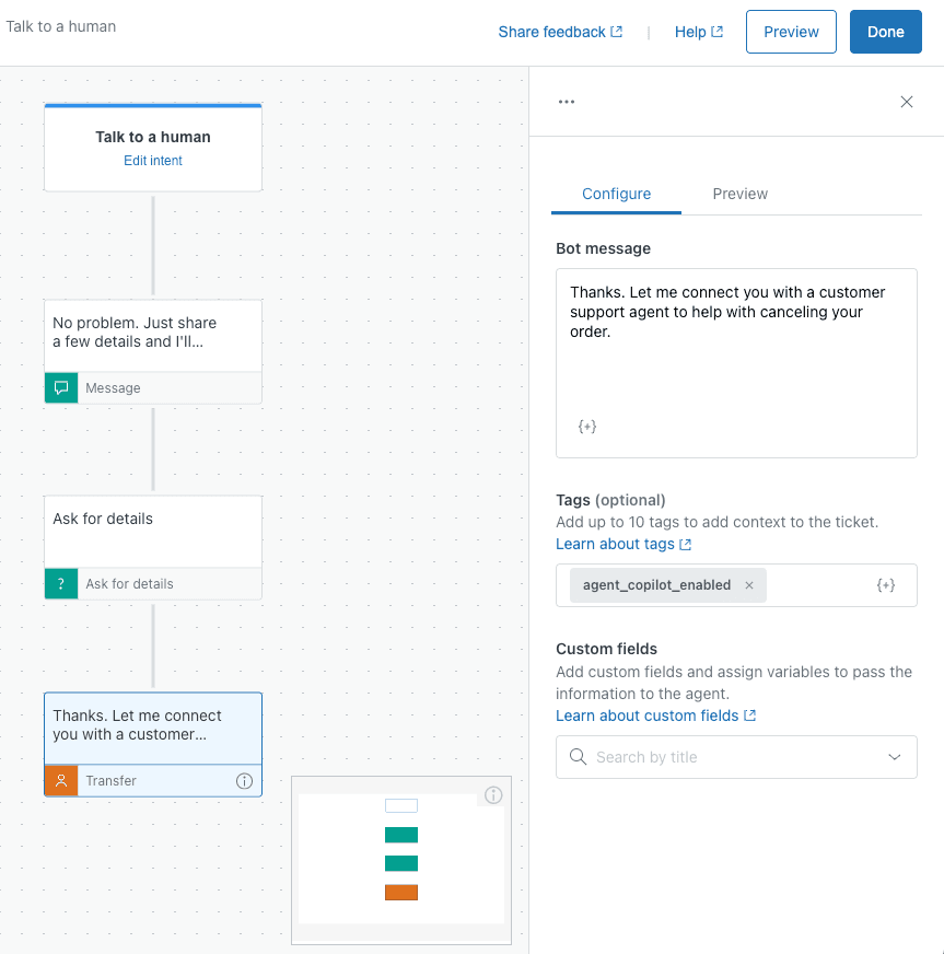 Zendesk virtual agent flow builder with AI-assisted transfer configuration